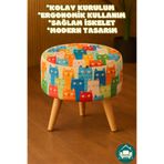 DEKOR MOBİLYACIM Yuvarlak Balkon Mutfak Salon Ayak Uzatma Pufu Gürgen Ayaklı Özel Tasarım Kedili Puf Koltuk