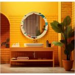 Dekorarif Desenli Yuvarlak Banyo-Salon Duvar Aynası 26 - Renkli - 60 x 60