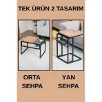 Dekoratif 2 Yönlü Metal Yan Ve Orta Sehpa Ahşap Raflı Koltuk Yanı Servis Sehpası Ve Orta Sehpa