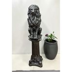 Dekoratif 53 cm Metalik Antrasit Aslan ve Sütun Set Ev Balkon Bahçe Dekorasyon Biblo Heykel Obje