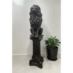 Dekoratif 53 cm Metalik Siyah Aslan ve Sütun Set Ev Balkon Bahçe Dekorasyon Biblo Heykel
