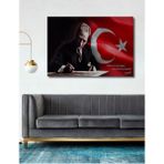 Dekoratif Atatürk ve Türk Bayrağı - Tek Parça Ahşap Tablo Şık Yatay Duvar Dekorasyon Tablosu - 50 x 30 - Kırmızı