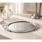 Dekoratif Aynalı Tepsi 49x26 cm – Avangard Kulplu Sunum ve Organizer Tepsisi, Modern Dekoratif Tepsi (Gümüş)