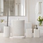 Dekoratif Banyo Seti 5 Parça – Modern Banyo Aksesuar Seti, Çöp Kovası Tuvalet Fırçası Sabunluk Diş Fırçalık Tepsi (İnci)