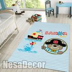 Dekoratif Dokuma Taban Makinede Yıkanabilir Mavi Gemici Desenli Çocuk Odası Halısı (160 x 230 cm)
