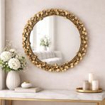 Dekoratif Duvar Aynası Yuvarlak – Modern Çiçek Desenli Çerçeve, 43 cm, Salon Antre Banyo İçin Şık Ayna (Altın)