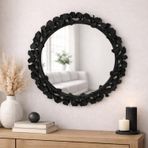 Dekoratif Duvar Aynası Yuvarlak – Modern Çiçek Desenli Çerçeve, 43 cm, Salon Antre Banyo İçin Şık Ayna (Siyah)