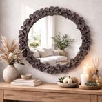 Dekoratif Duvar Aynası Yuvarlak – Modern Çiçek Desenli Çerçeve, 43 cm, Salon Antre Banyo İçin Şık Ayna (Taupe)