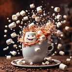 Dekoratif Kahve Fincanı, Marshmallow Tasarımlı, Beyaz Seramik, 3B Sıçrama Efektli Dijital Resim (40 x 40 cm)