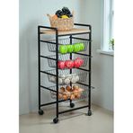 Dekoratif Tekerlekli Metal Sebzelik 4 Tel Sepetli Çam Ahşap Raflı Çok Amaçlı Stand
