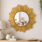 Dekoratif Yuvarlak Duvar Aynası – Güneş Desenli Modern Çerçeve, 47 cm, Salon Antre Banyo İçin Şık Ayna (Altın)