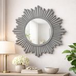 Dekoratif Yuvarlak Duvar Aynası – Güneş Desenli Modern Çerçeve, 47 cm, Salon Antre Banyo İçin Şık Ayna (Gri)