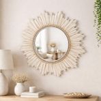 Dekoratif Yuvarlak Duvar Aynası – Güneş Desenli Modern Çerçeve, 47 cm, Salon Antre Banyo İçin Şık Ayna (İnci)