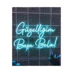 dekoraven Başa Bela Yazılı Neon Led Tabela Dekoratif Aydınlatma 50X32Cm Turkuaz, güzelliğim