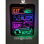 dekoraven Gamer Led Işıklı Ahşap Tablo -eat sleep game repeat 55x40 sarı-mavi-pembe-yeşil
