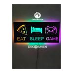 dekoraven Gamer Led Işıklı Ahşap Tablo - eat sleep game sarı-yeşil-mor