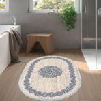 Dekoreko Kaymaz Taban Djt Banyo Halısı Star Pamuk Saçaklı Oval Modern 1319 Mavi