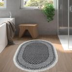 Dekoreko Kaymaz Taban Djt Banyo Halısı Yıldız Deri Saçaklı Oval Modern M5001 Gri