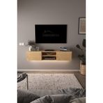 Dekorfim DF17102 LED Işıklı Duvara Monte Tv Ünitesi, 2 Kapaklı Dolaplı, Raflı 150 cm Tv Alt Ünitesi Safir Meşe