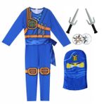 Delanhon Ninja savaşçı kostüm seti, çocuklar için, mavi, yeşil, kırmızı, altın, maske aksesuarı ile (mavi, 120)