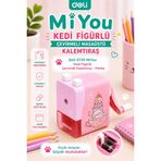 Deli 0739 MiYou Kedi Figürlü Çevirmeli Masaüstü Kalemtıraş - Pembe