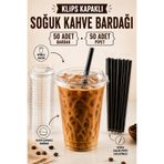 Delvos 50 Adet Klips Kapaklı Pipetli 400 Cc Plastik Pet Soğuk Kahve Limonata Milkshake Bardağı