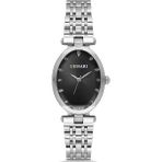 DEMARİ Demari Kadın Kol Saati Quartz Mekanizma, Gümüş Çelik Kordon, Taş Detaylı Gümüş Kadran, Oval Kasa DM-00105L-A2 - Siyah