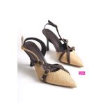Demashoes Bej Hasır Desenli Acı Kahve Sivri Burun Kapalı Tokalı Arkası Açık Stiletto Topuklu Ayakkabı