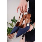 Demashoes Lacivert Kot Kahve Denim Sivri Burun Kapalı Tokalı Arkası Açık Kadın Stiletto Topuklu Ayakkabı