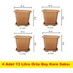 Demet Home 4 Adet Plastik Kare 13 Litre Orta Boy Bahçe Balkon Salon Ağaç Çiçek Dekorasyon Saksısı Tabaklı 29*29*27 cm - 13 lt 4 adet