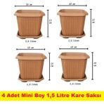 Demet Home 4 Adet Plastik Kare Saksı Bahçe Balkon Salon Çiçek Dekorasyon Saksısı Mini Tabaklı 1,5 litre Saksı 15*15*13 cm - 1.5 lt 4 adet