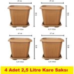 Demet Home 4 Adet Plastik Kare Saksı Bahçe Balkon Salon Çiçek Dekorasyon Saksısı Mini Tabaklı 2,5 litre Saksı 17*17*15 cm - 2.5 lt 4 adet
