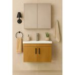 Demezler Mobilya Luna 65 Cm Ahşap Camlı Üst Modül Ve Seramik Lavabolu, Mdf Banyo Dolabı Takımı