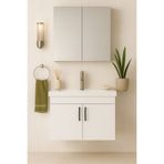 DEMEZLER MOBİLYA Luna 65 cm Beyaz Camlı Üst Modül ve Seramik Lavabolu, MDF Banyo Dolabı Takımı