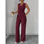 Demir Grup cc Kadın Askılı Önden Düğmeli Bluz ve Pantolon Keten Ikili Takım - Bordo - 1 Drop - 2XL