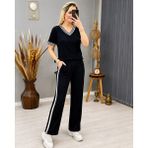 Demir Grup cc Kadın Kısa Kollu V Yakalı Viskon Iki Iplik Bluz ve Pantolon Ikili Takım - Siyah - 1 Drop - L - XL