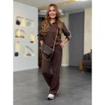 Demir Grup cc Kadın Uzun Kollu Yakalı Şerit Detaylı Viskon Iki Iplik Bluz ve Pantolon Ikili Takım - Kahve - 1 Drop - 2XL - 3XL