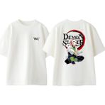 Demon Slayer Kedi Tasarım Sırt Baskılı Pamuk Beyaz Oversize T-Shirt