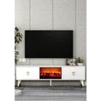 Demonte Decor TV0051-TXA150DD-1 Şömineli Tv Sehpası Beyaz-Altın Kulp - Beyaz - Altın
