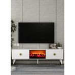 Demonte Decor TV0053-TXA150DD-1 Şömineli Tv Sehpası Beyaz-Altın Kulp - Beyaz - Altın