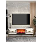 Demonte Decor TV0069-TXA150DD-32 Şömineli Tv Sehpası Beyaz-Altın - Beyaz - Altın