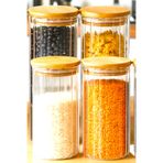 Denia Home | Borelia | 4'lü Bambu Kapaklı Jumbo Boy Çizgili Baharat- Kavanoz Takımı 1300 ml.