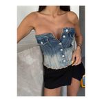 DENİKK TREND STRAPLEZ CROP DENİM JEAN ESKİTME YIKAMALI BUSTİYER Mavi1315 S