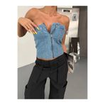 DENİKK Trend Straplez Crop Denim Jean Eskitme Yikamali Bustiyer Mavi1340 S