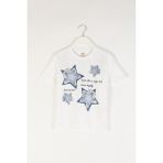 Denim Yıldız Desenli Baskılı Pamuklu Bisiklet Yaka Yazlık Kız Çocuk T-Shirt - Beyaz - 4 - 5 Yaş