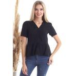 Denismoda Keten Önü Güpürlü Eteği Volanlı Kısa Kol Bluz Sıyah