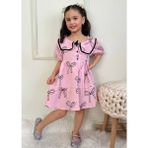 Deniz Home Wear Pamuk Kumaş Kısa Kollu Fiyonk Baskılı Bebe Yaka Kız Çocuk Bebek Elbise - Pembe - 3 - 4 Yaş