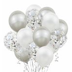 Deniz Party Store-Metalik gümüş beyaz gümüş konfetili şeffaf balon 12 inç 15 adet