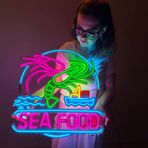 Deniz Ürünleri Neon Tabela - Neon LED Metal Duvar Sanatı, Restoranlar ve Evler için Deniz Dekoru (Orta Uzaktan Kumandalı)