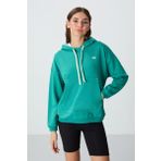 Deniz Yeşili Kompakt Pamuklu Kalın Pürüzsüz Dokulu Kapüşonlu Oversize Fit Kadın Sweatshirt - 97291